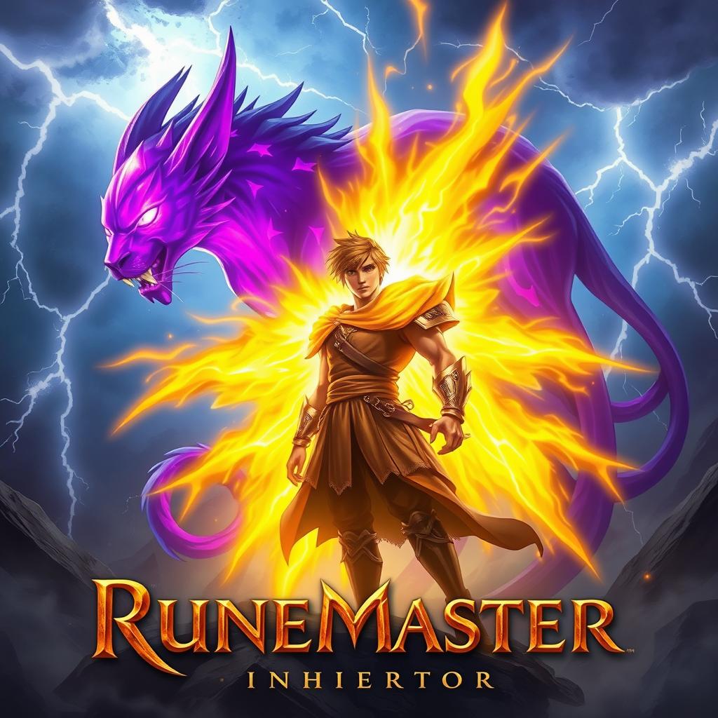 A dynamic and mystical scene inspired by 'Runemaster: Inheritor' featuring a young man exuding golden power, surrounded by a radiant aura of gold as he stands confidently