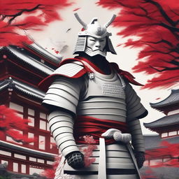 Generate an image of a majestic samurai in splendid white armor with red accents, his face masked by an intricate helmet