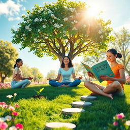 A visually inspiring scene that encapsulates motivation and personal development, featuring a diverse group of people in various stages of growth and self-improvement