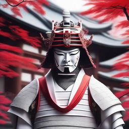 Generate an image of a majestic samurai in splendid white armor with red accents, his face masked by an intricate helmet
