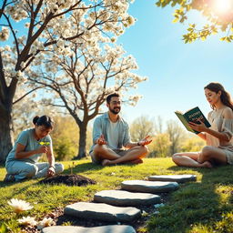 A visually inspiring scene that encapsulates motivation and personal development, featuring a diverse group of people in various stages of growth and self-improvement