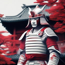 Generate an image of a majestic samurai in splendid white armor with red accents, his face masked by an intricate helmet