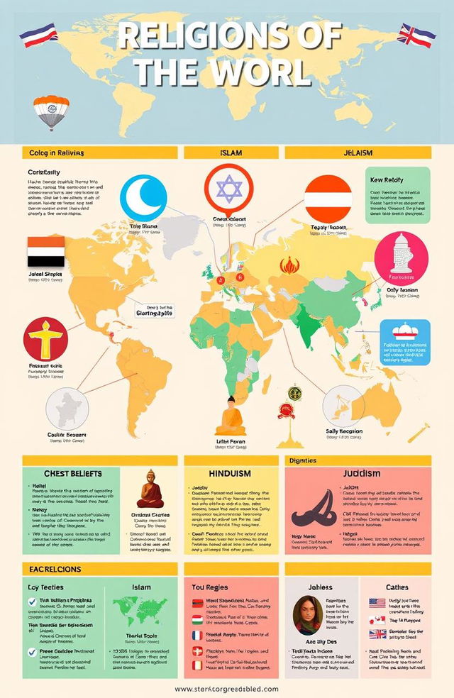 A detailed infographic showcasing various religions of the world including Christianity, Islam, Hinduism, Buddhism, Judaism, and others