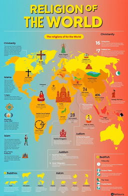 A detailed infographic showcasing various religions of the world including Christianity, Islam, Hinduism, Buddhism, Judaism, and others