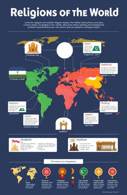 A detailed infographic showcasing various religions of the world including Christianity, Islam, Hinduism, Buddhism, Judaism, and others