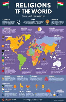 A detailed infographic showcasing various religions of the world including Christianity, Islam, Hinduism, Buddhism, Judaism, and others