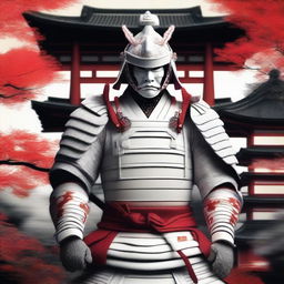 Generate an image of a majestic samurai in splendid white armor with red accents, his face masked by an intricate helmet