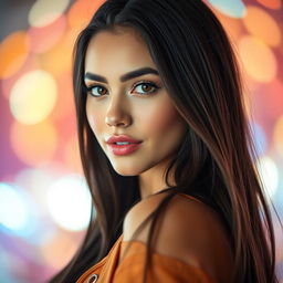 A stunning portrait of a young woman with long, dark hair featuring Madison Beer’s signature look