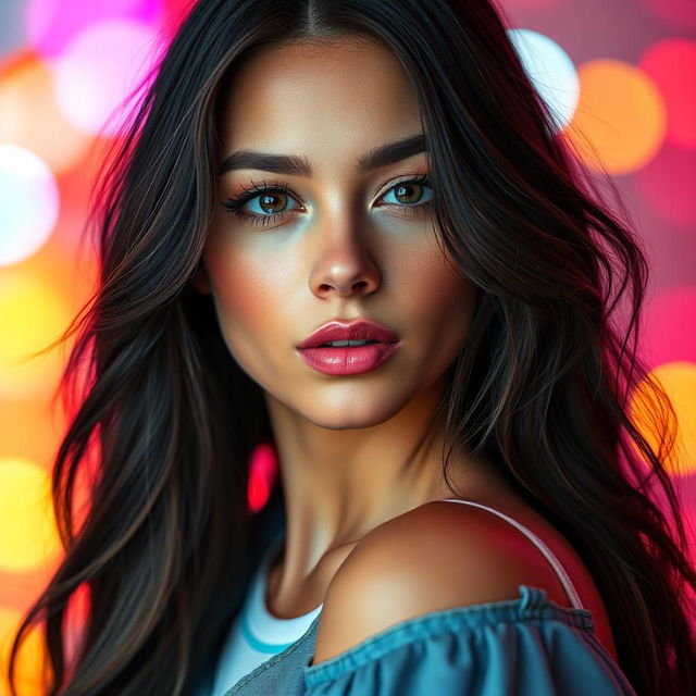 A stunning portrait of a young woman with long, dark hair featuring Madison Beer’s signature look