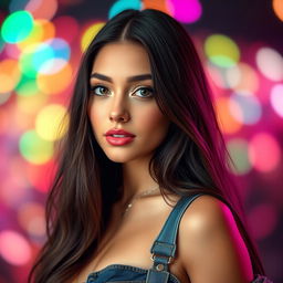 A stunning portrait of a young woman with long, dark hair featuring Madison Beer’s signature look