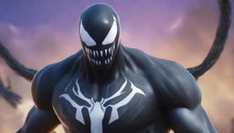 Create a cinematic, ultra-HD, intense close-up of Venom in a Fortnite themed YouTube thumbnail, highlighting dramatic details