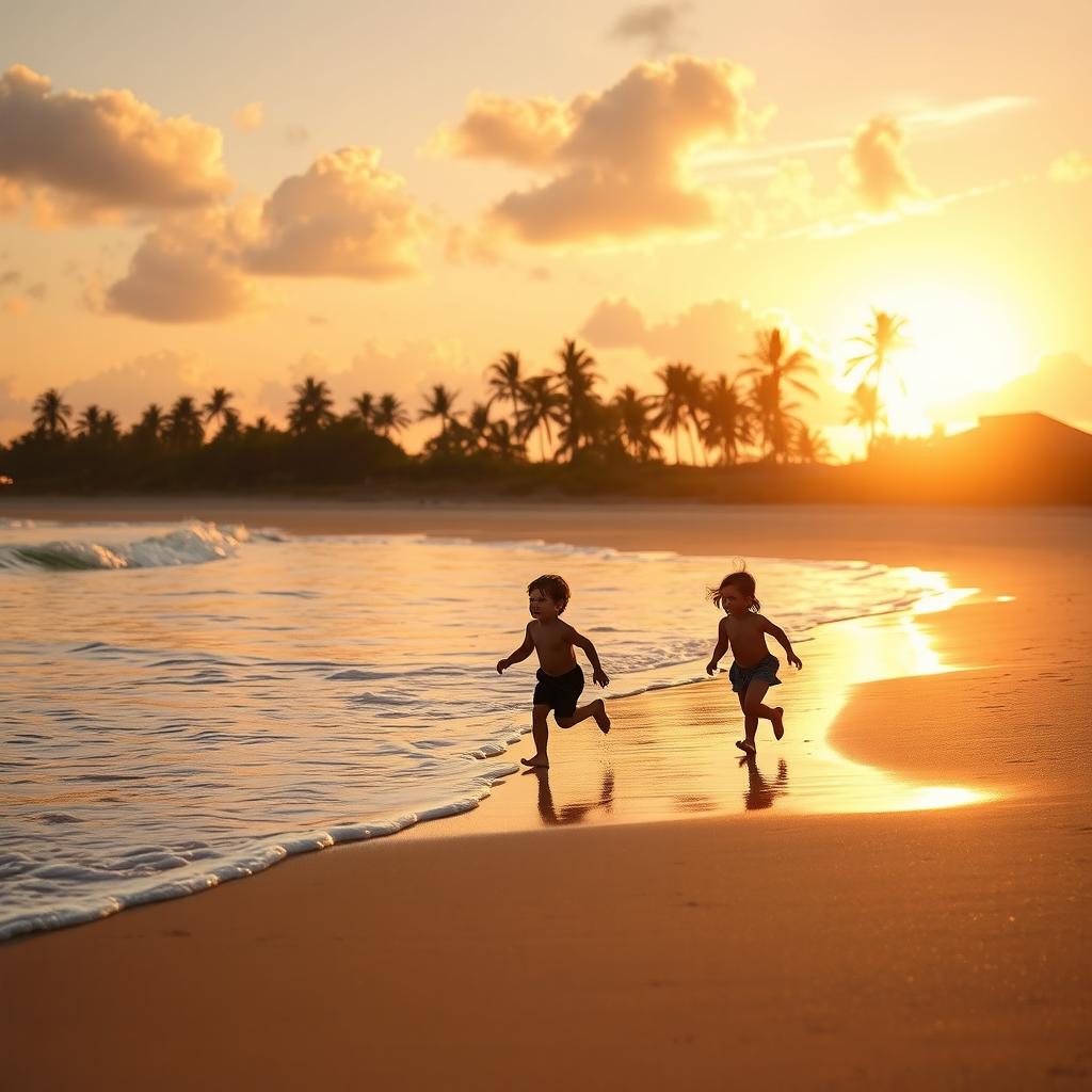 A beautiful serene beach at sunset with soft waves lapping against the shore