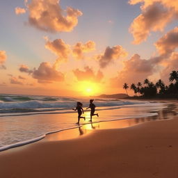 A beautiful serene beach at sunset with soft waves lapping against the shore