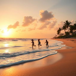 A beautiful serene beach at sunset with soft waves lapping against the shore
