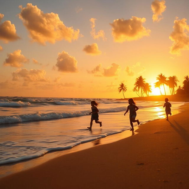 A beautiful serene beach at sunset with soft waves lapping against the shore