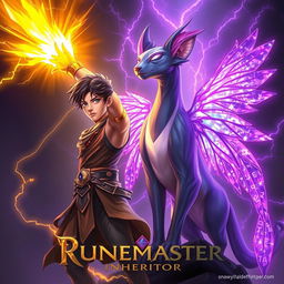 A vibrant and mystical scene inspired by 'Runemaster: Inheritor' featuring a young man with a powerful golden arm, radiating golden energy as he wields his abilities confidently