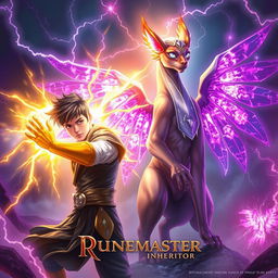 A vibrant and mystical scene inspired by 'Runemaster: Inheritor' featuring a young man with a powerful golden arm, radiating golden energy as he wields his abilities confidently