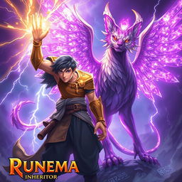 A vibrant and mystical scene inspired by 'Runemaster: Inheritor' featuring a young man with a powerful golden arm, radiating golden energy as he wields his abilities confidently