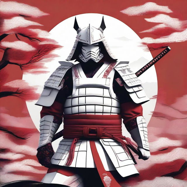 Generate an image of a regal samurai, adorned in exquisite white armor with red detailing