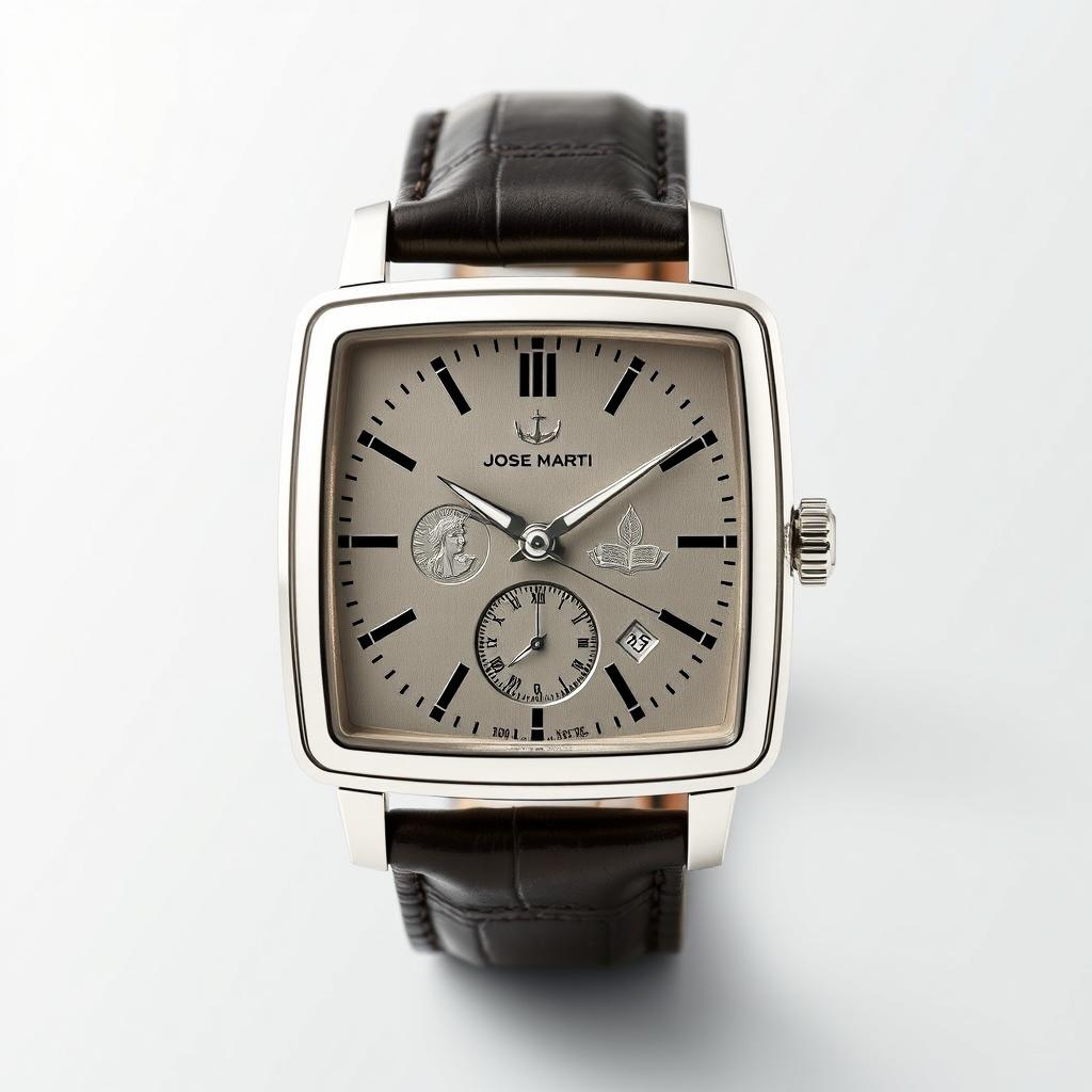 A luxurious white gold square watch design, featuring an elegant leather strap