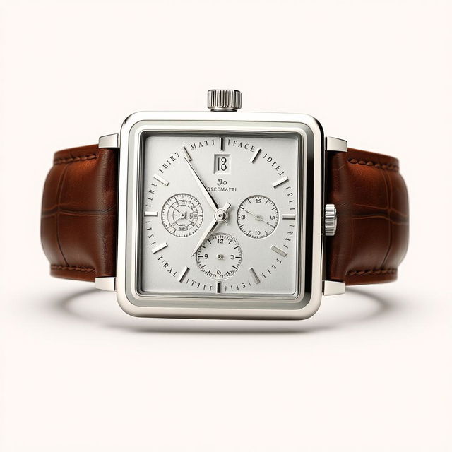 A luxurious white gold square watch design, featuring an elegant leather strap