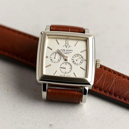 A luxurious white gold square watch design, featuring an elegant leather strap