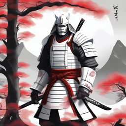 Generate an image of a regal samurai, adorned in exquisite white armor with red detailing