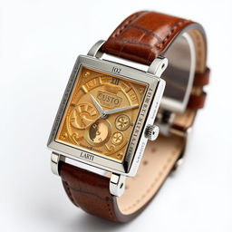 A luxurious white gold square watch design, featuring an elegant leather strap, inspired by the essence of José Martí, the Cuban apostle