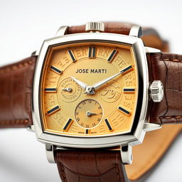 A luxurious white gold square watch design, featuring an elegant leather strap, inspired by the essence of José Martí, the Cuban apostle