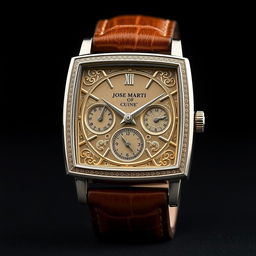 A luxurious white gold square watch design, featuring an elegant leather strap, inspired by the essence of José Martí, the Cuban apostle