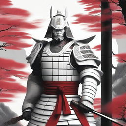 Generate an image of a regal samurai, adorned in exquisite white armor with red detailing