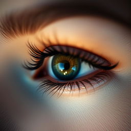 A close-up view of a beautiful woman's eye, showcasing intricate details such as long, lush eyelashes, vibrant eye color, and a glimmer of excitement in her iris