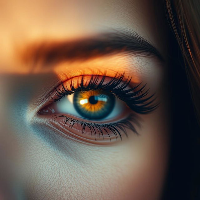 A close-up view of a beautiful woman's eye, showcasing intricate details such as long, lush eyelashes, vibrant eye color, and a glimmer of excitement in her iris