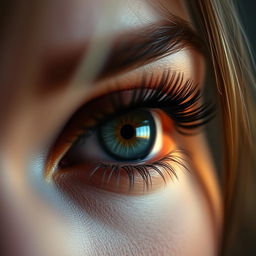 A close-up view of a beautiful woman's eye, showcasing intricate details such as long, lush eyelashes, vibrant eye color, and a glimmer of excitement in her iris