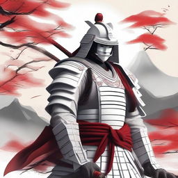 Generate an image of a regal samurai, adorned in exquisite white armor with red detailing