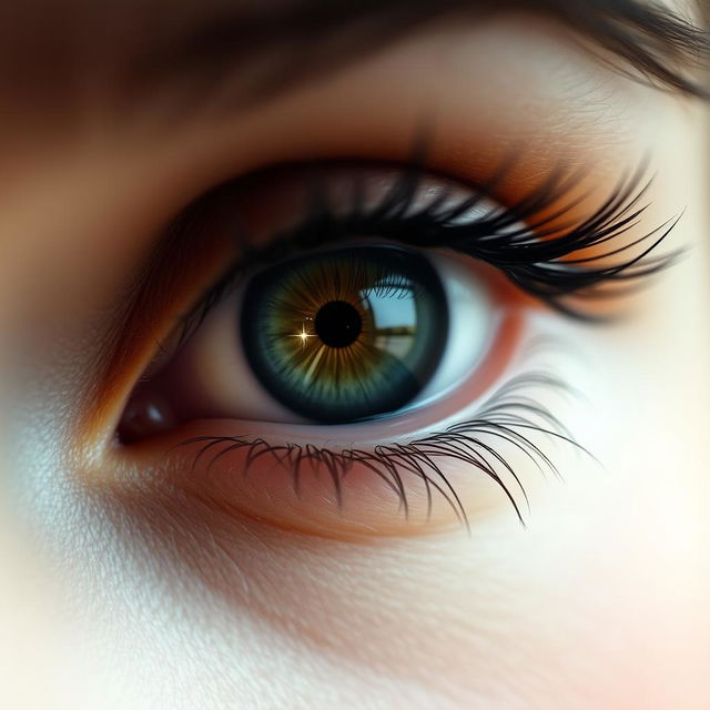 A mesmerizing close-up of a woman's eye, featuring captivating details like deep green iris, thick black eyelashes, and a subtle sparkle reflecting light