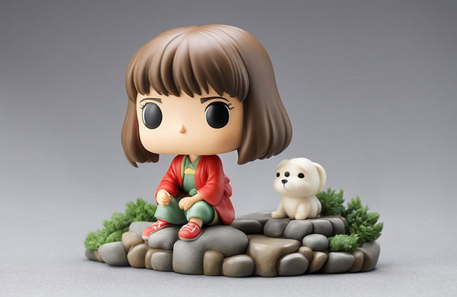 A Spirited Away-themed Funko Pop vinyl figure of Chihiro on a cobblestone base against a pure white background, embodying the essence of Studio Ghibli's magical realism