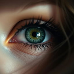 A mesmerizing close-up of a woman's eye, featuring captivating details like deep green iris, thick black eyelashes, and a subtle sparkle reflecting light