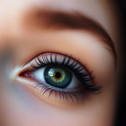A mesmerizing close-up of a woman's eye, featuring captivating details like deep green iris, thick black eyelashes, and a subtle sparkle reflecting light
