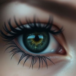 A mesmerizing close-up of a woman's eye, featuring captivating details like deep green iris, thick black eyelashes, and a subtle sparkle reflecting light