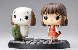 A Spirited Away-themed Funko Pop vinyl figure of Chihiro on a cobblestone base against a pure white background, embodying the essence of Studio Ghibli's magical realism