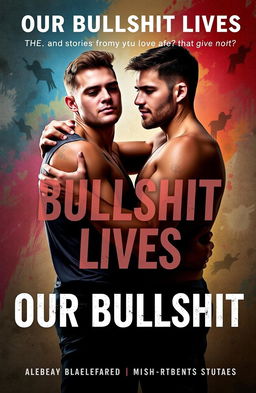 A dramatic and emotional book cover for 'Our Bullshit Lives' featuring two gay men embracing, set against an abstract, colorful background that symbolizes love and struggle