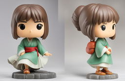 A Spirited Away-themed Funko Pop vinyl figure of Chihiro on a cobblestone base against a pure white background, embodying the essence of Studio Ghibli's magical realism