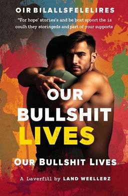 A dramatic and emotional book cover for 'Our Bullshit Lives' featuring two gay men embracing, set against an abstract, colorful background that symbolizes love and struggle