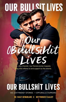 A dramatic and emotional book cover for 'Our Bullshit Lives' featuring two gay men embracing, set against an abstract, colorful background that symbolizes love and struggle