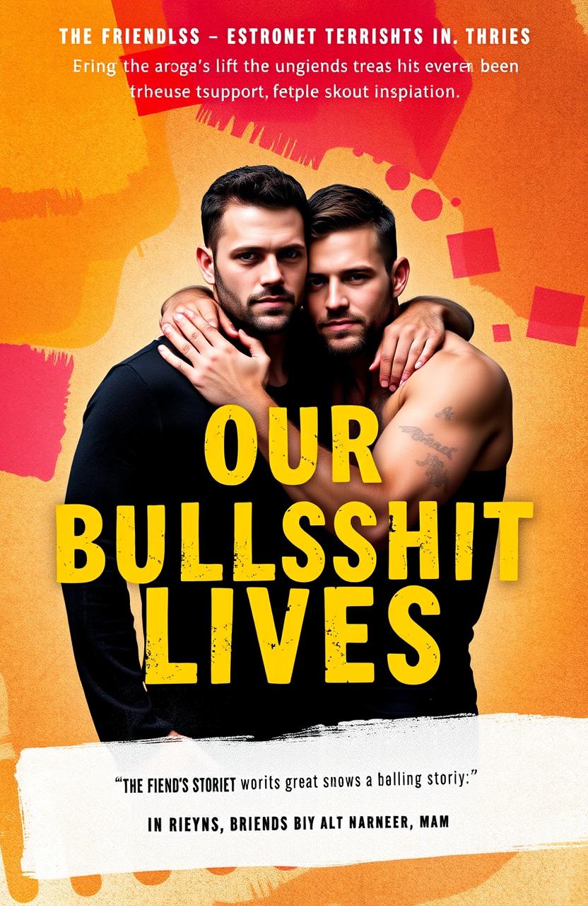 A dramatic and emotional book cover for 'Our Bullshit Lives' featuring two gay men embracing, set against an abstract, colorful background that symbolizes love and struggle