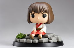 A Spirited Away-themed Funko Pop vinyl figure of Chihiro on a cobblestone base against a pure white background, embodying the essence of Studio Ghibli's magical realism