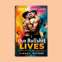 A captivating book cover for 'Our Bullshit Lives' featuring two gay men in a passionate embrace, showcasing their love amidst a turbulent backdrop that represents their personal struggles