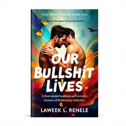 A captivating book cover for 'Our Bullshit Lives' featuring two gay men in a passionate embrace, showcasing their love amidst a turbulent backdrop that represents their personal struggles