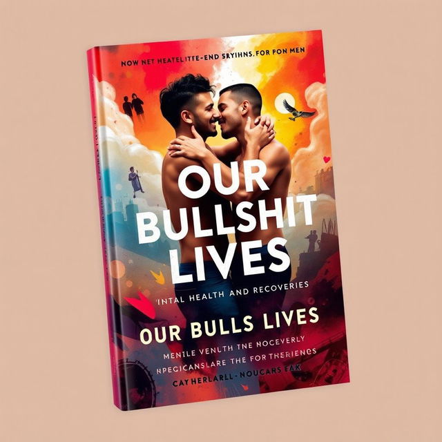 A captivating book cover for 'Our Bullshit Lives' featuring two gay men in a passionate embrace, showcasing their love amidst a turbulent backdrop that represents their personal struggles